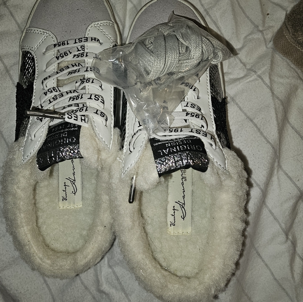 Black and White Sneakers with Fur Lining